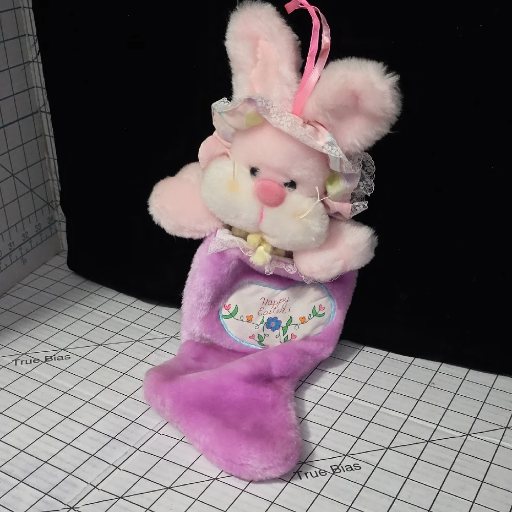 Pink and Purple Bunny Rabbit‎ Plush Stocking, Vintage 1985